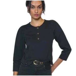 NATION Los Angeles Black Janney Henley Top 3/4 Sleeve Gold Snaps Women's Large